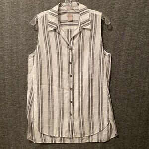 Chicos No Iron Linen Top Womens 1 Medium White Gray Sleeveless‎ Tunic Lagenlook